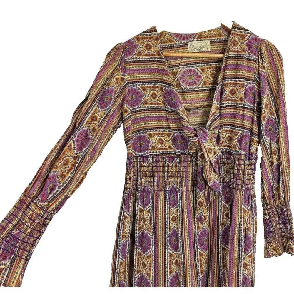 VTG 70's House of She LTD Maxi Dress Boho‎ Hippy Colorful Fun Size S/M Tie Front